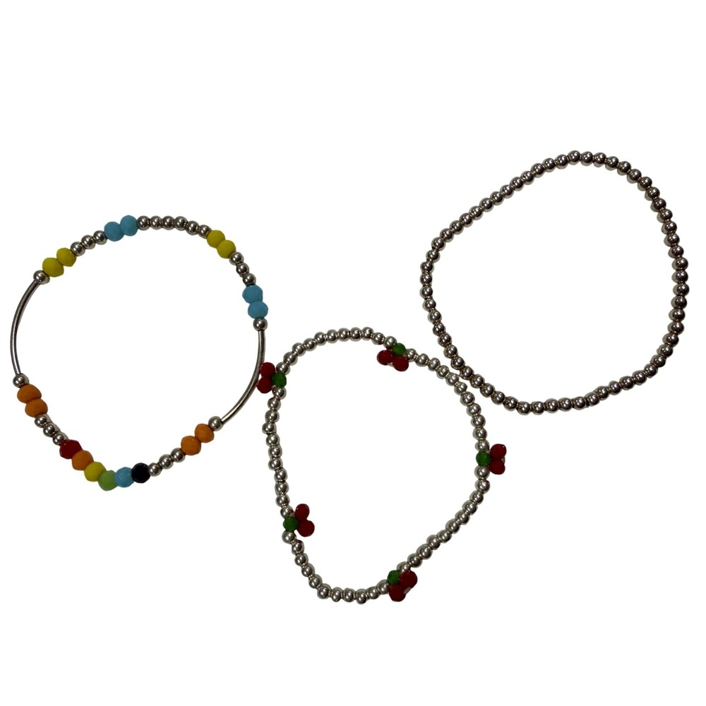 Handmade Beaded Stretch Bracelet Set Silver Tone Cherry Rainbow 3 Piece Stack